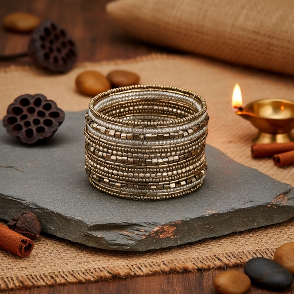 Indian Artisanal Beaded Golden Stacked Bracelet Handmade Boho Chic Jewelry - Picture 1 of 14